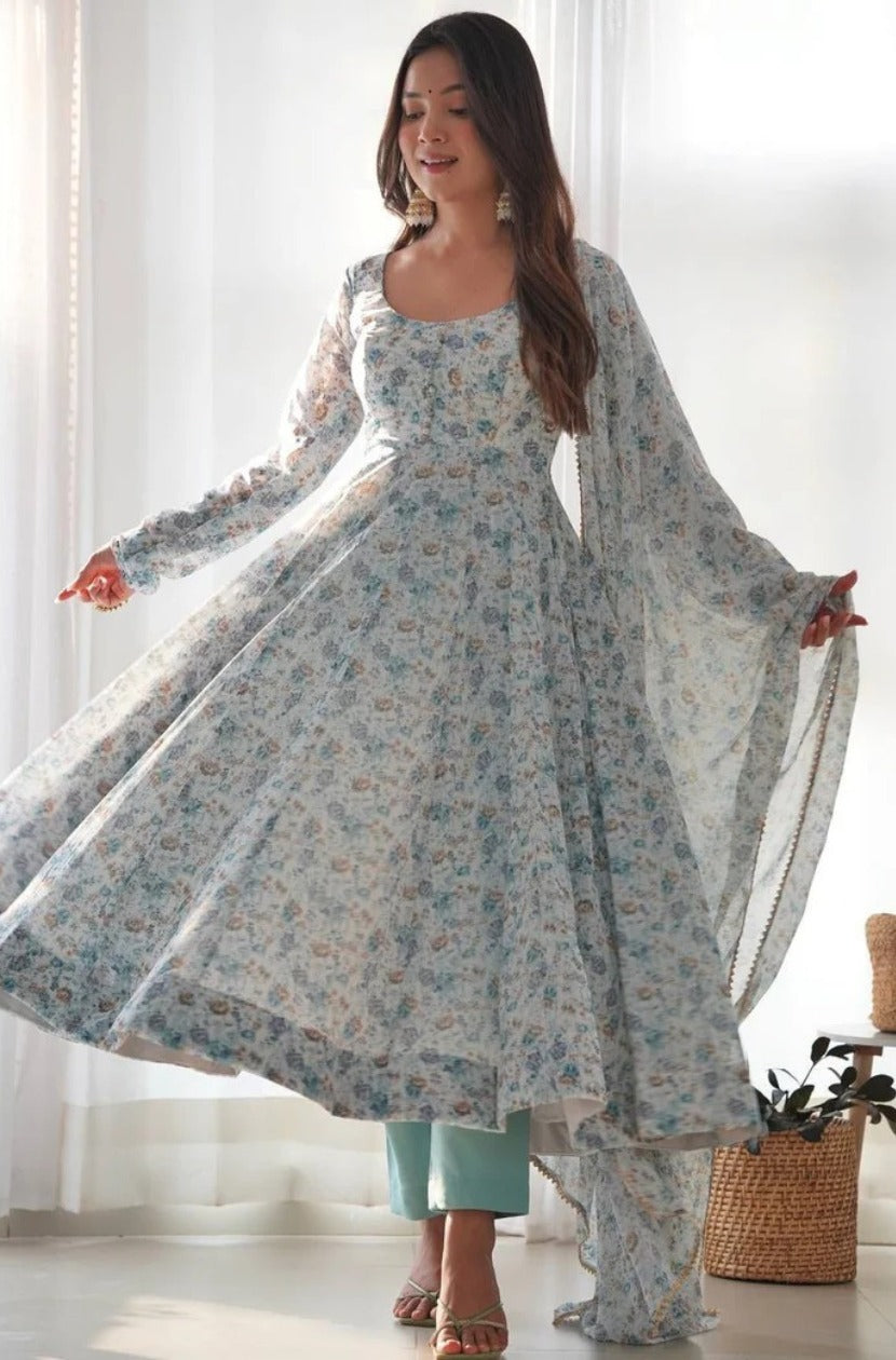 Organza Chiffon Floral Printed Gown With Dupatta Set