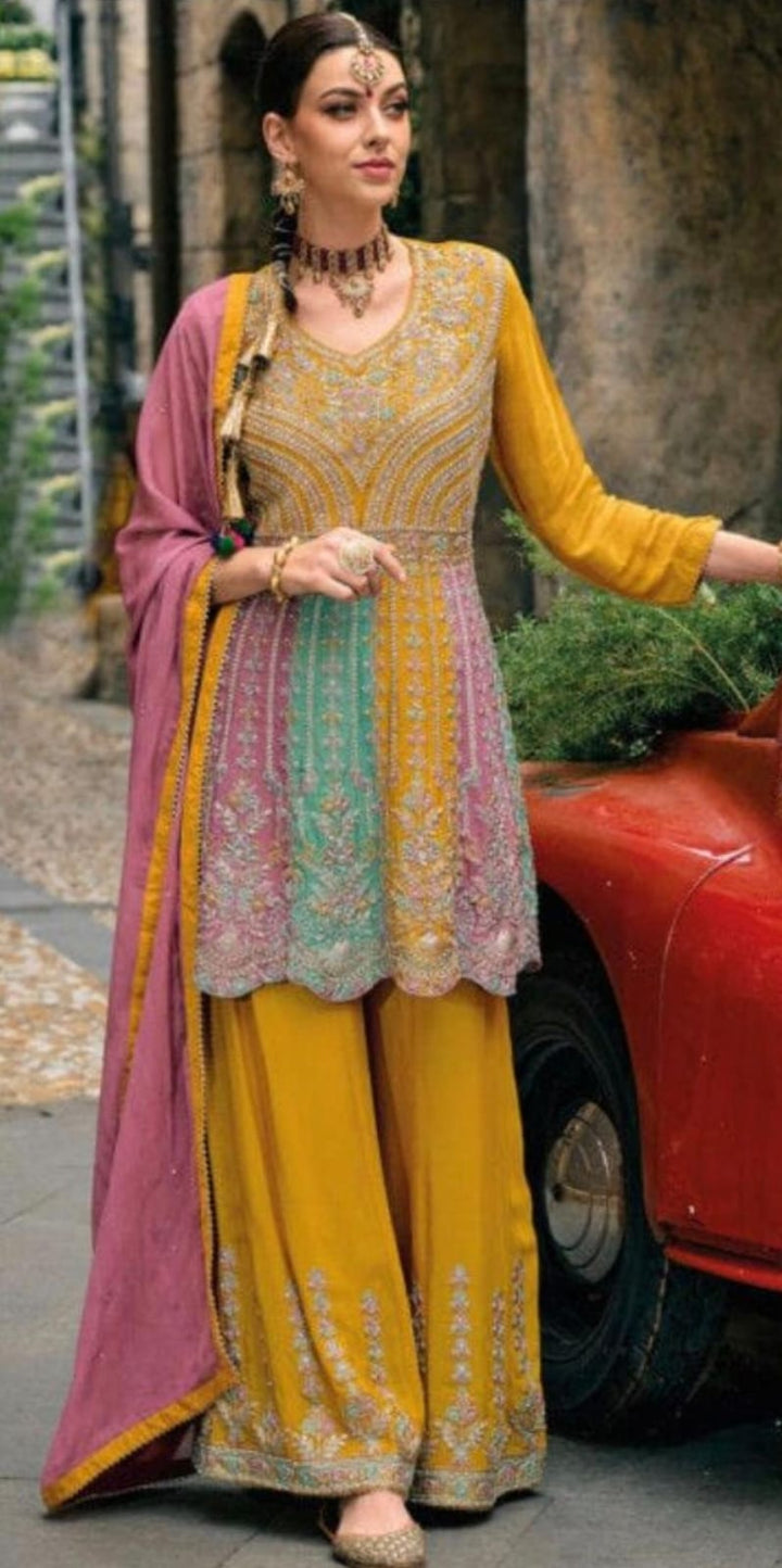 Multi Chinon Embroidery Work Suit Stitched
