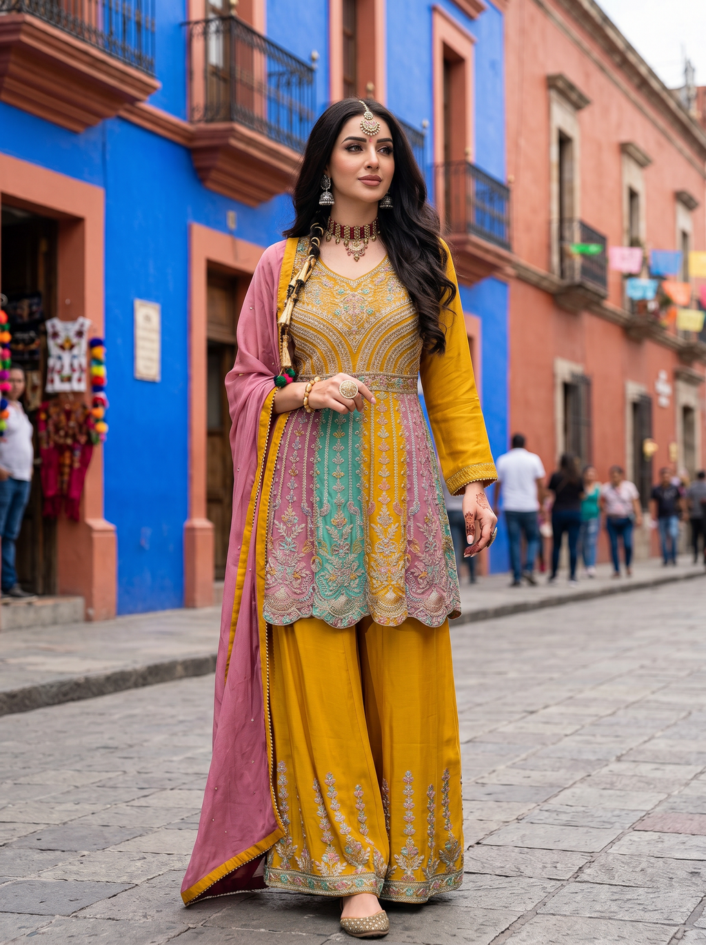 Multi Chinon Embroidery Work Suit Stitched