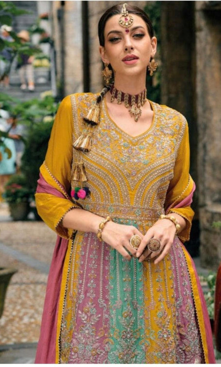 Multi Chinon Embroidery Work Suit Stitched