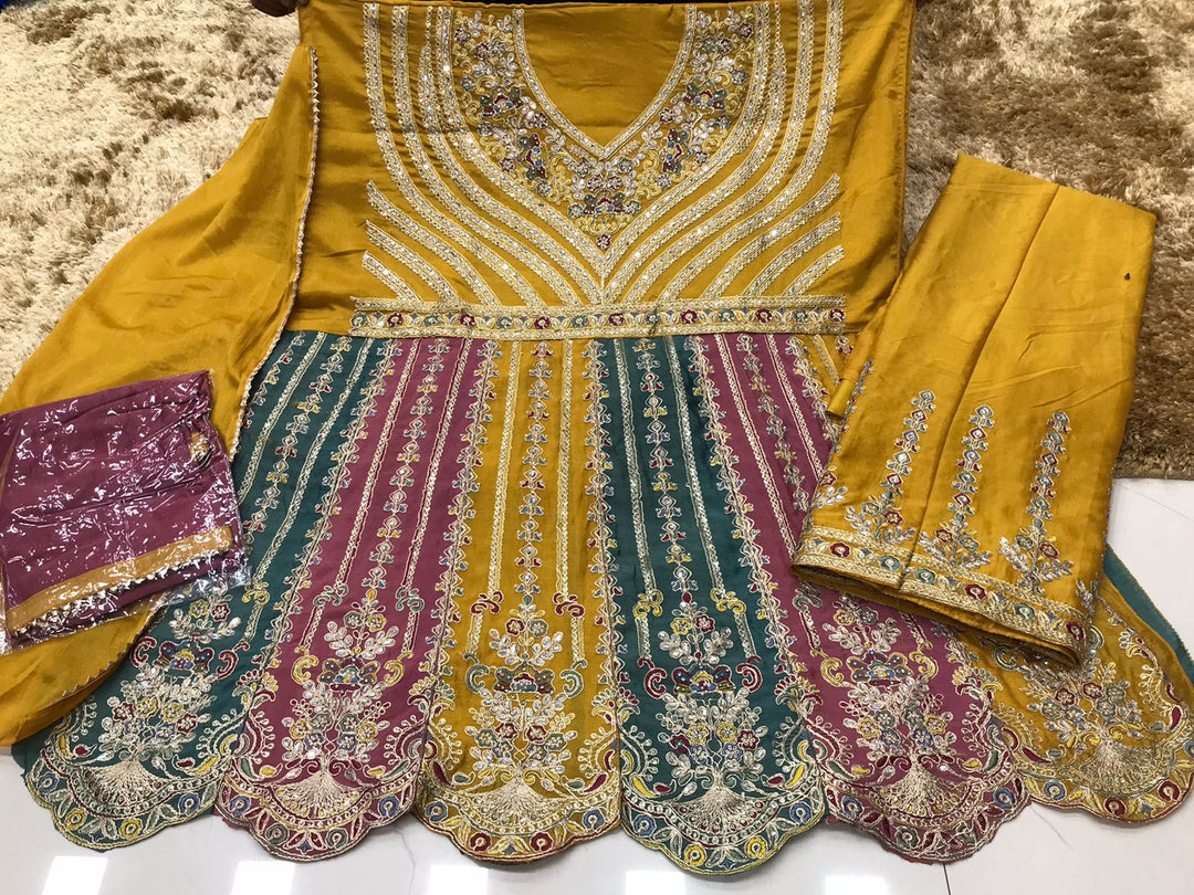 Multi Chinon Embroidery Work Suit Stitched