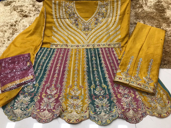 Multi Chinon Embroidery Work Suit Stitched