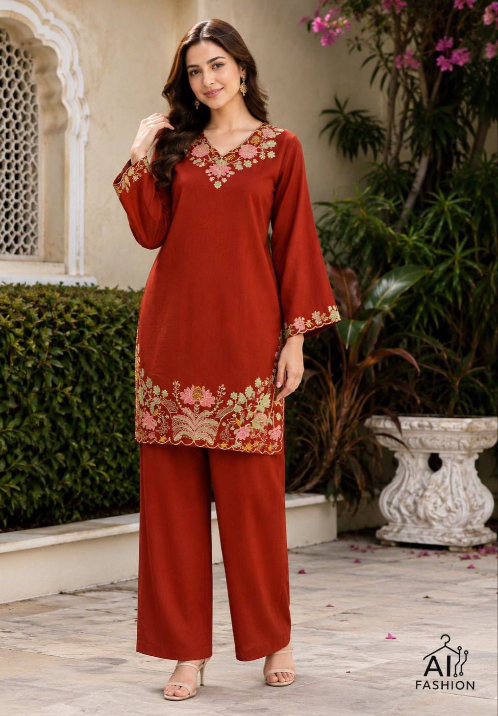 Long Sleeve Top with Heavy Embroidery Work Combined with Matching Palazzo