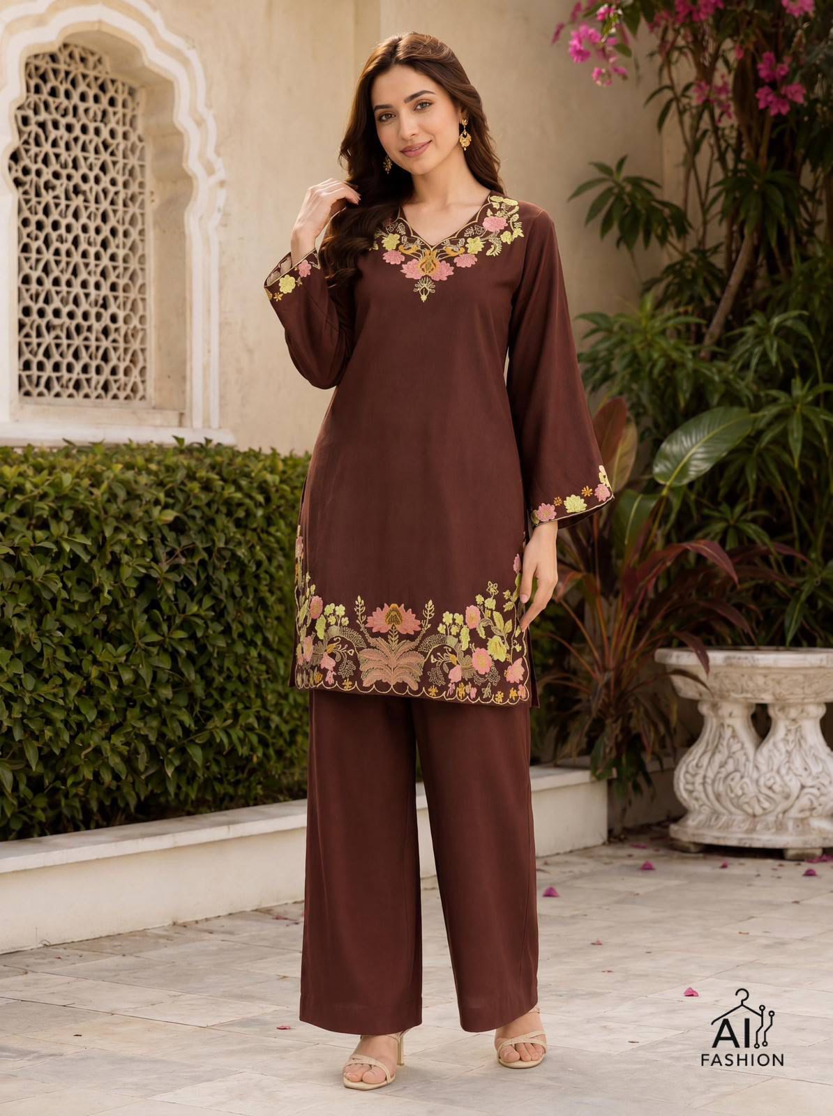 Long Sleeve Top with Heavy Embroidery Work Combined with Matching Palazzo