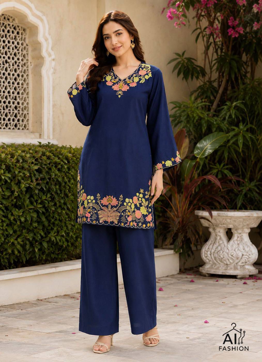 Long Sleeve Top with Heavy Embroidery Work Combined with Matching Palazzo