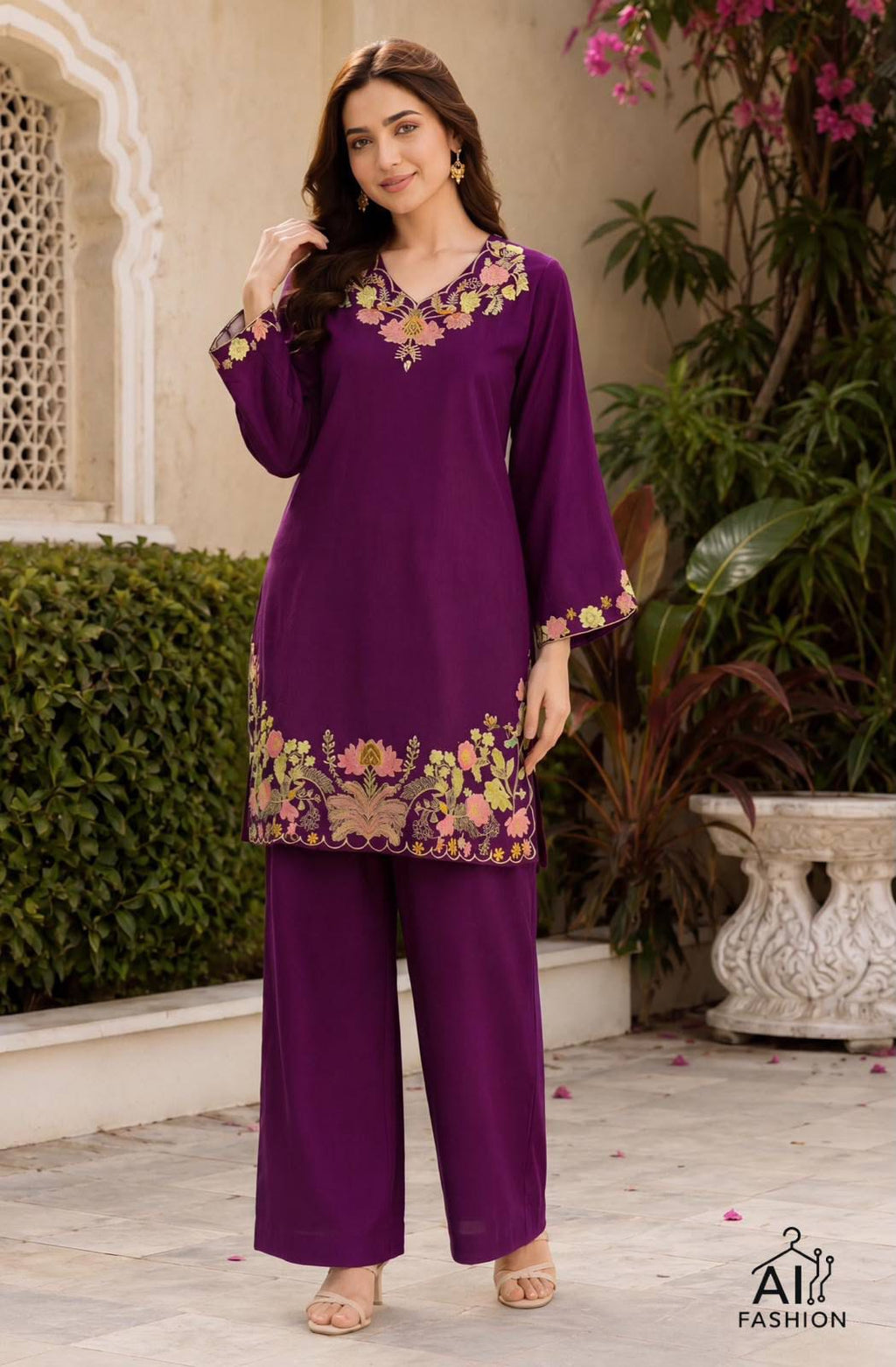 Long Sleeve Top with Heavy Embroidery Work Combined with Matching Palazzo
