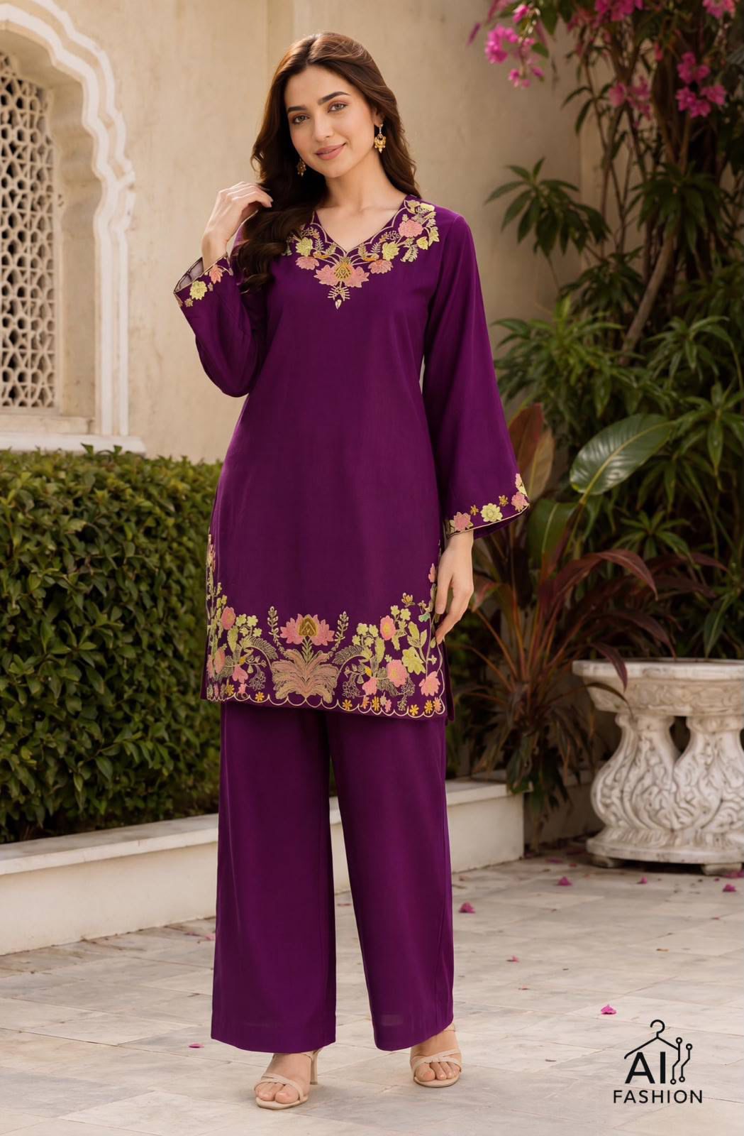 Long Sleeve Top with Heavy Embroidery Work Combined with Matching Palazzo