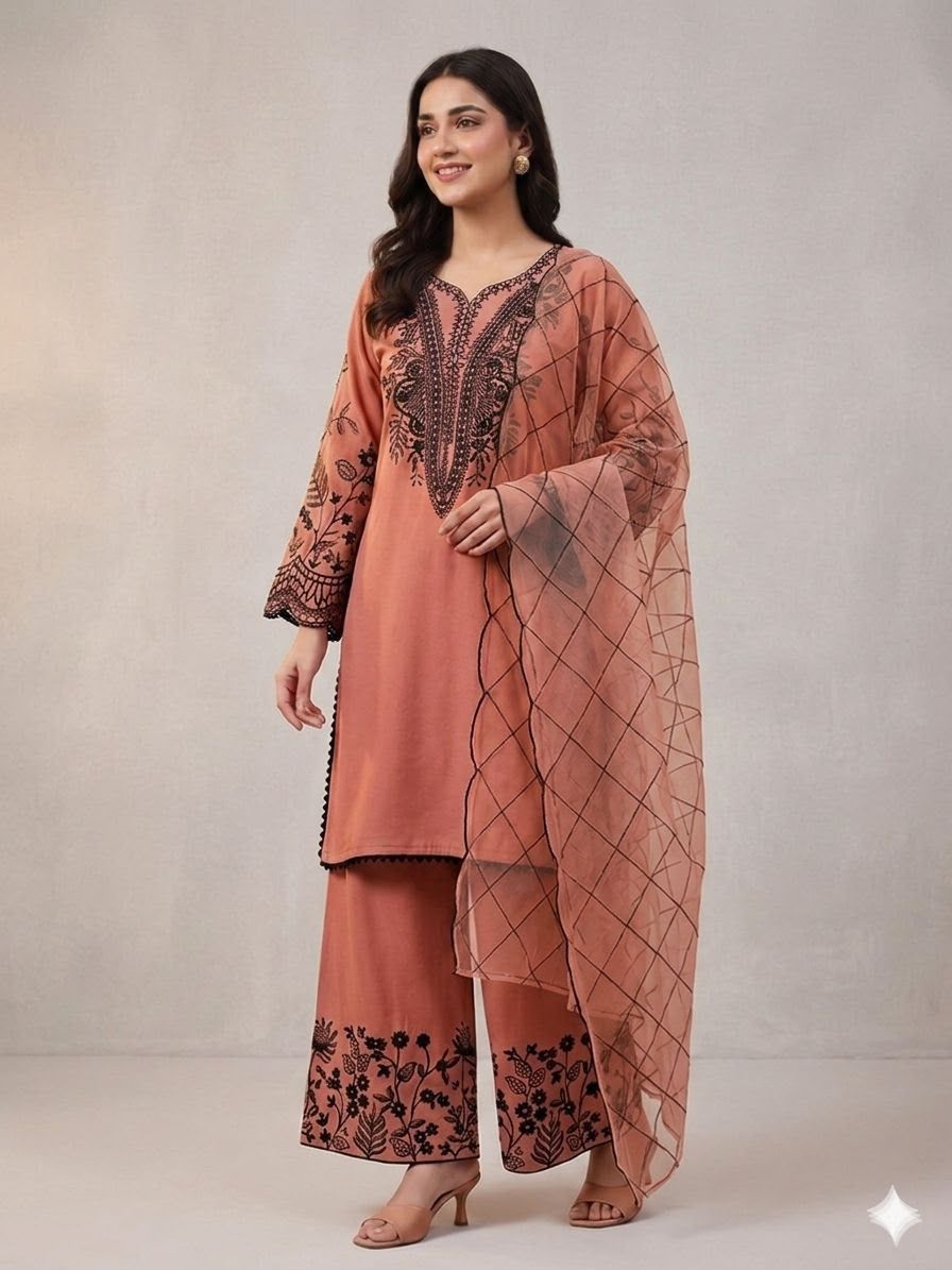 MAL COTTON TOP PLAZZO & EMBROIDERED LINING ORGANZA DUPPATA