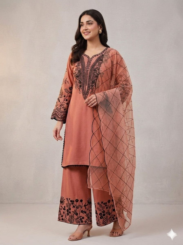 MAL COTTON TOP PLAZZO & EMBROIDERED LINING ORGANZA DUPPATA