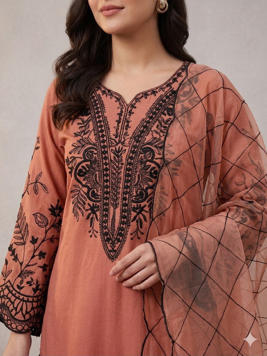 MAL COTTON TOP PLAZZO & EMBROIDERED LINING ORGANZA DUPPATA