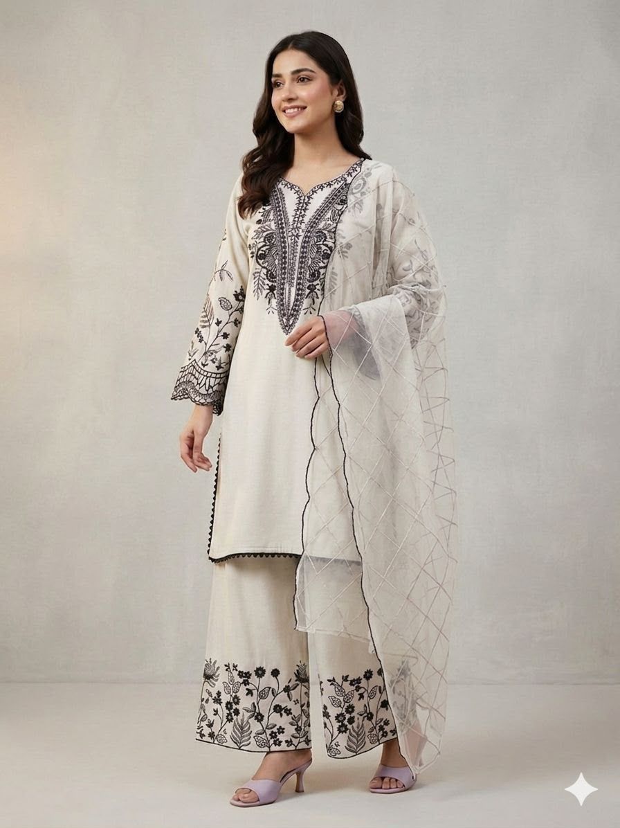 MAL COTTON TOP PLAZZO & EMBROIDERED LINING ORGANZA DUPPATA