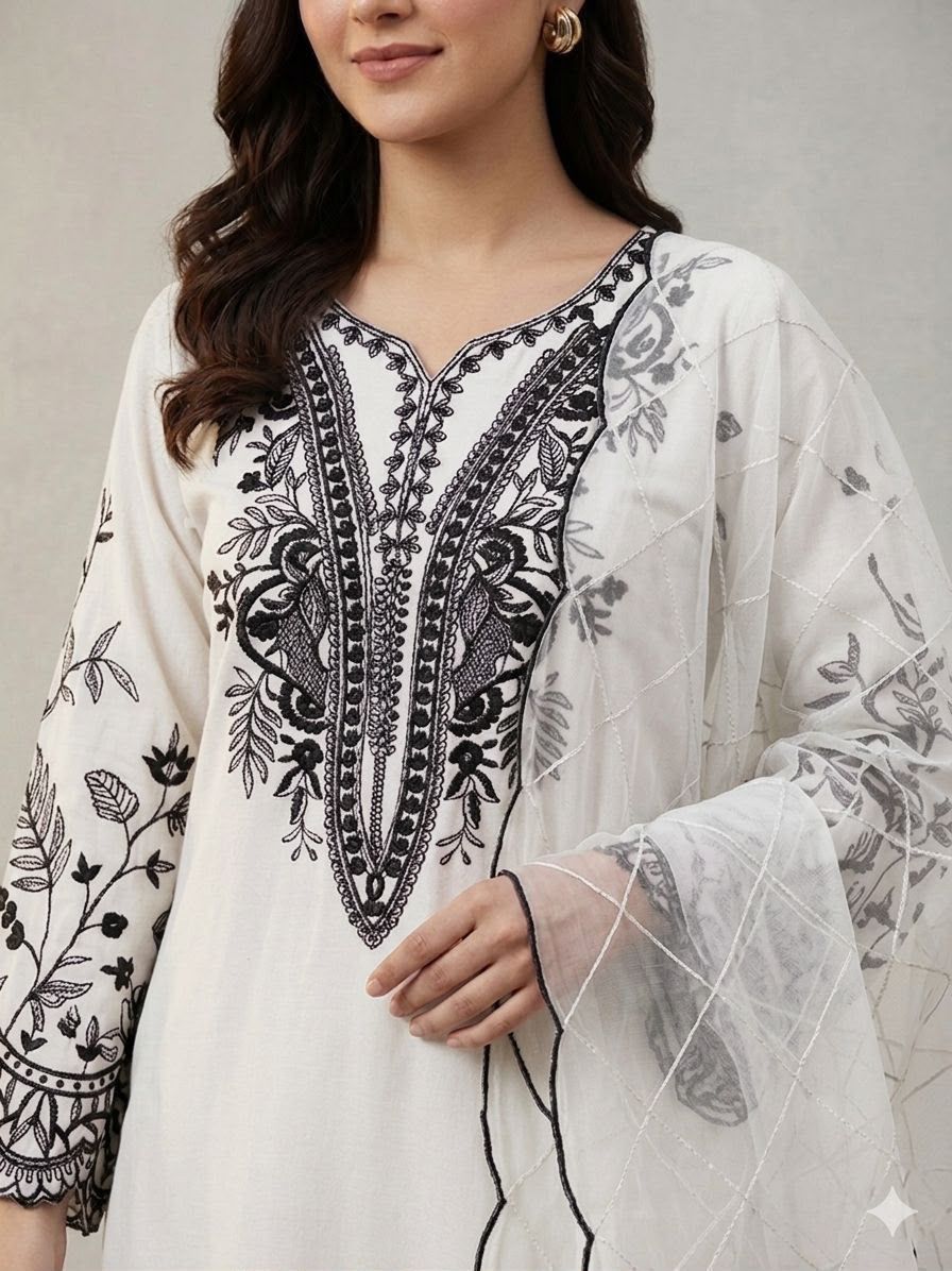 MAL COTTON TOP PLAZZO & EMBROIDERED LINING ORGANZA DUPPATA