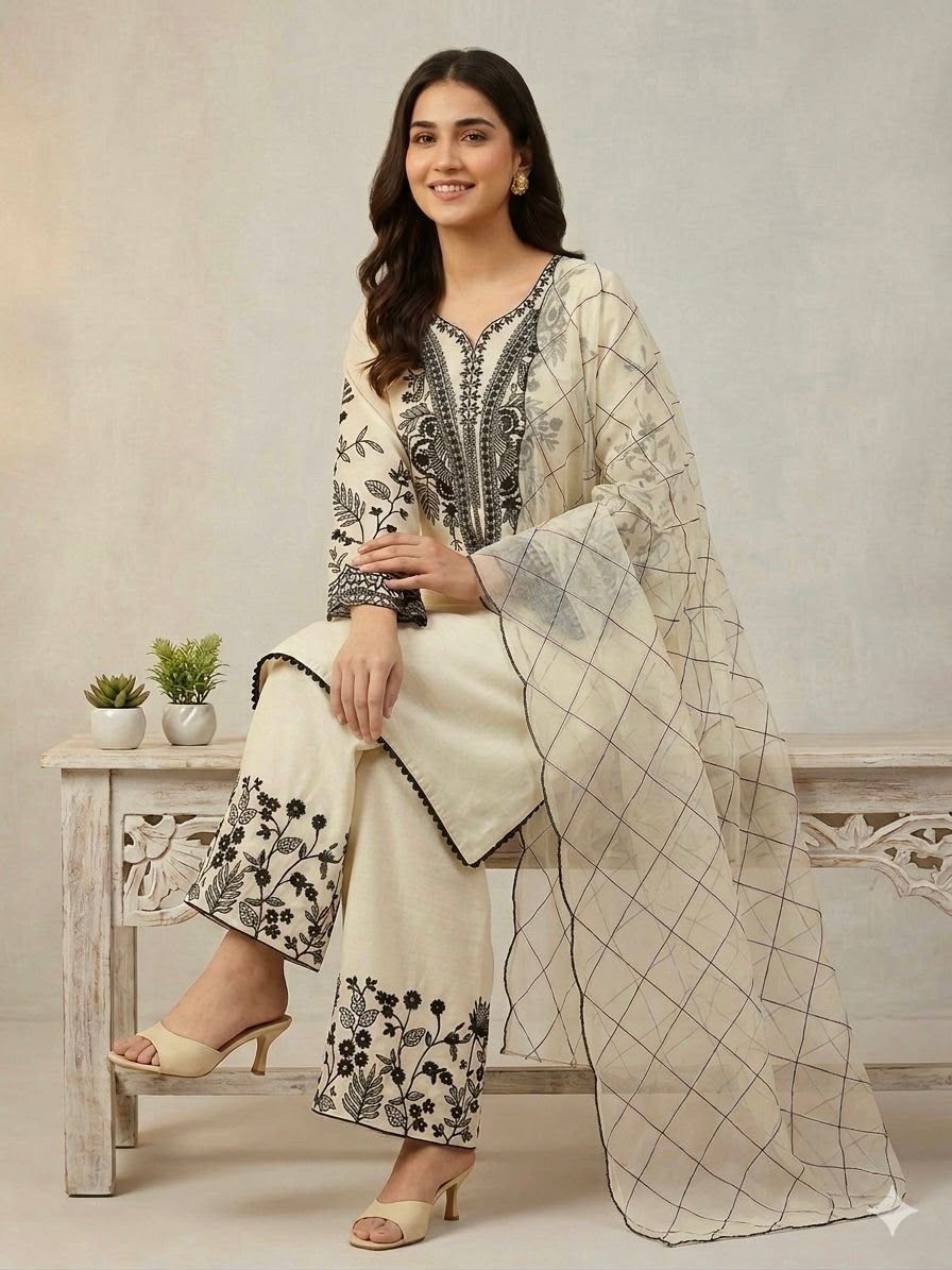 MAL COTTON TOP PLAZZO & EMBROIDERED LINING ORGANZA DUPPATA