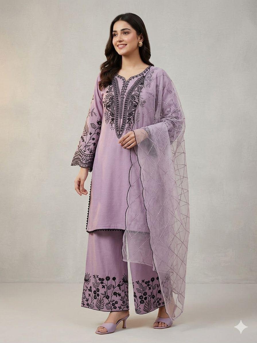 MAL COTTON TOP PLAZZO & EMBROIDERED LINING ORGANZA DUPPATA