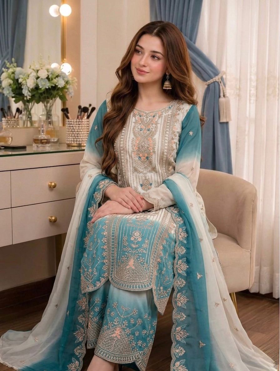 Pure Heavy Dual Tone Star Georgette Top Palazzo & Dupatta Set