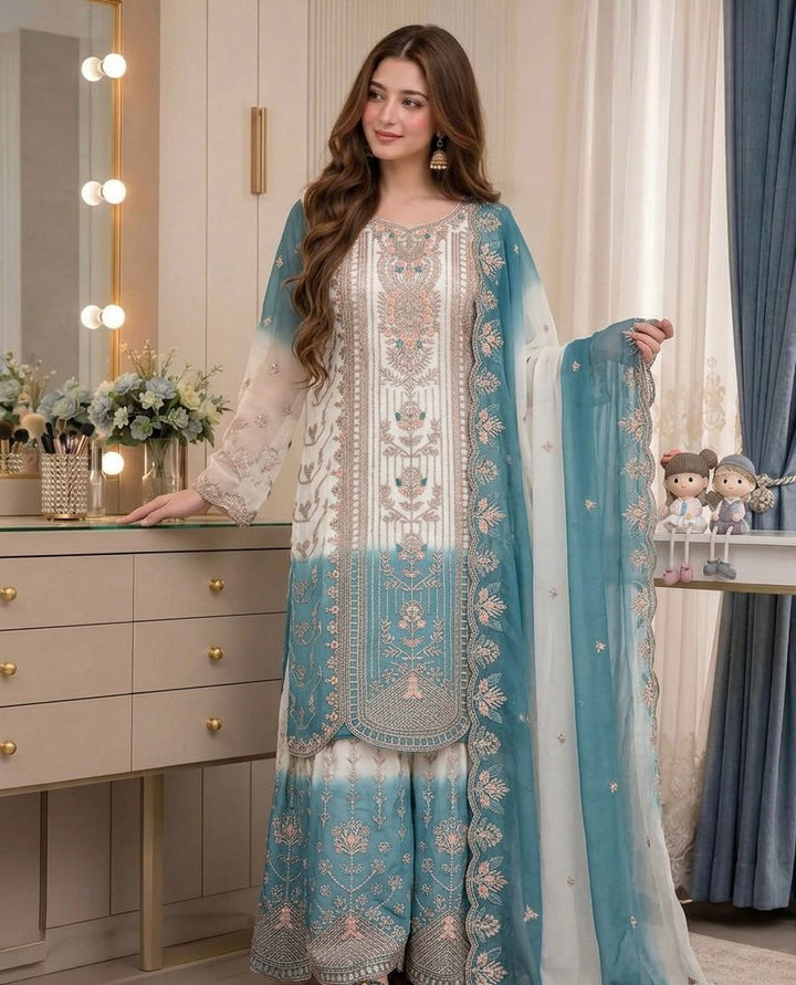 Pure Heavy Dual Tone Star Georgette Top Palazzo & Dupatta Set