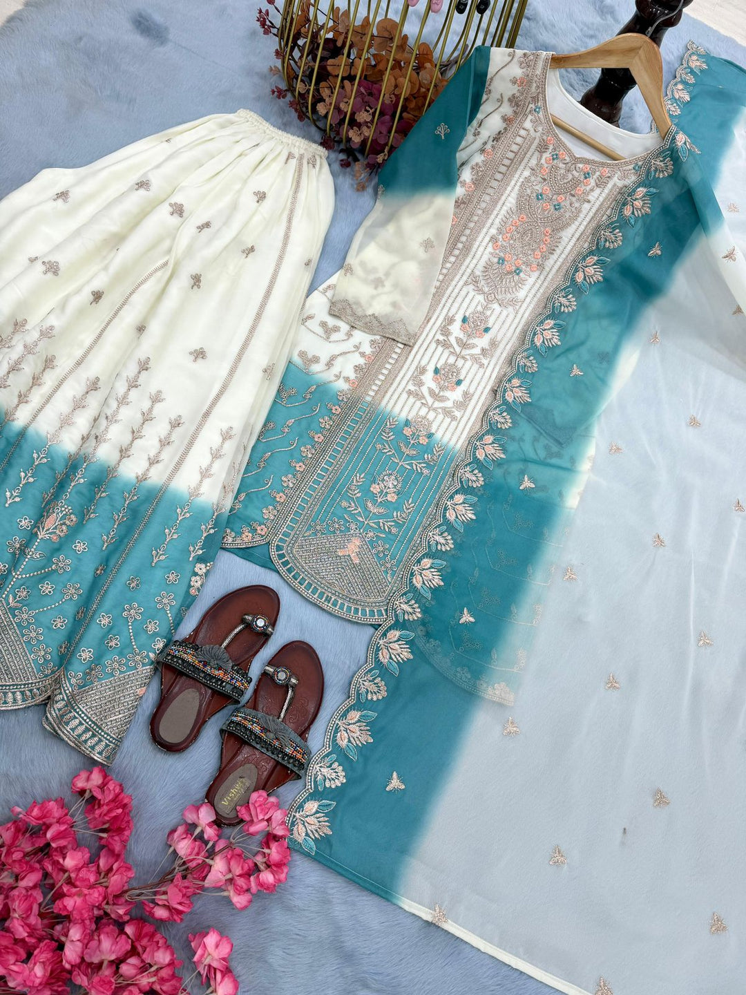 Pure Heavy Dual Tone Star Georgette Top Palazzo & Dupatta Set
