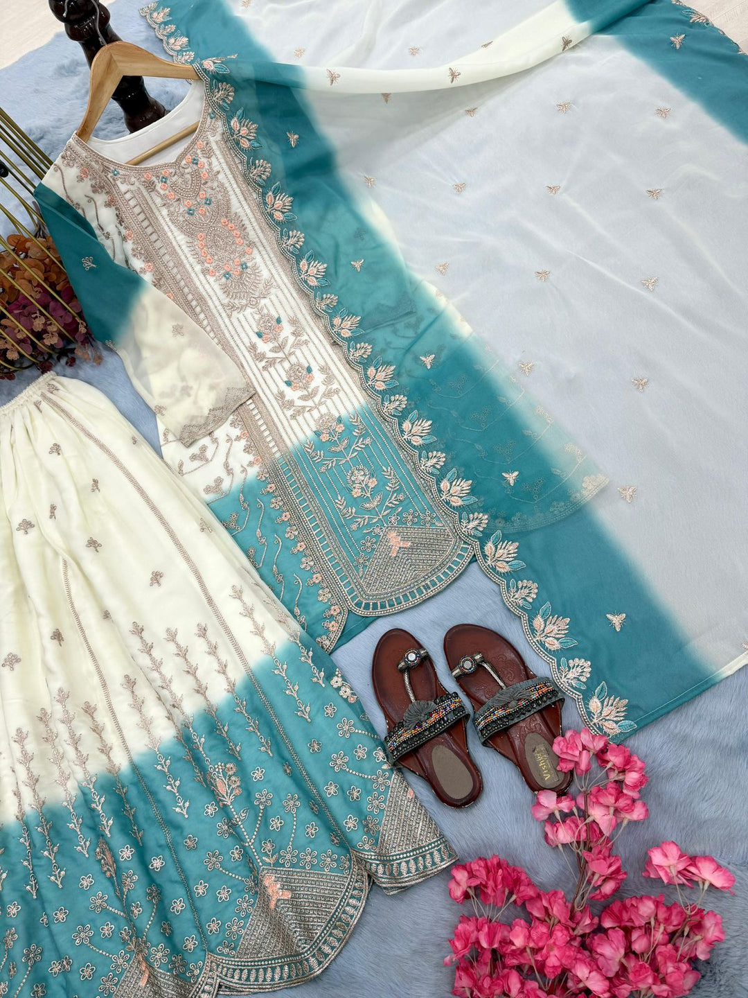 Pure Heavy Dual Tone Star Georgette Top Palazzo & Dupatta Set