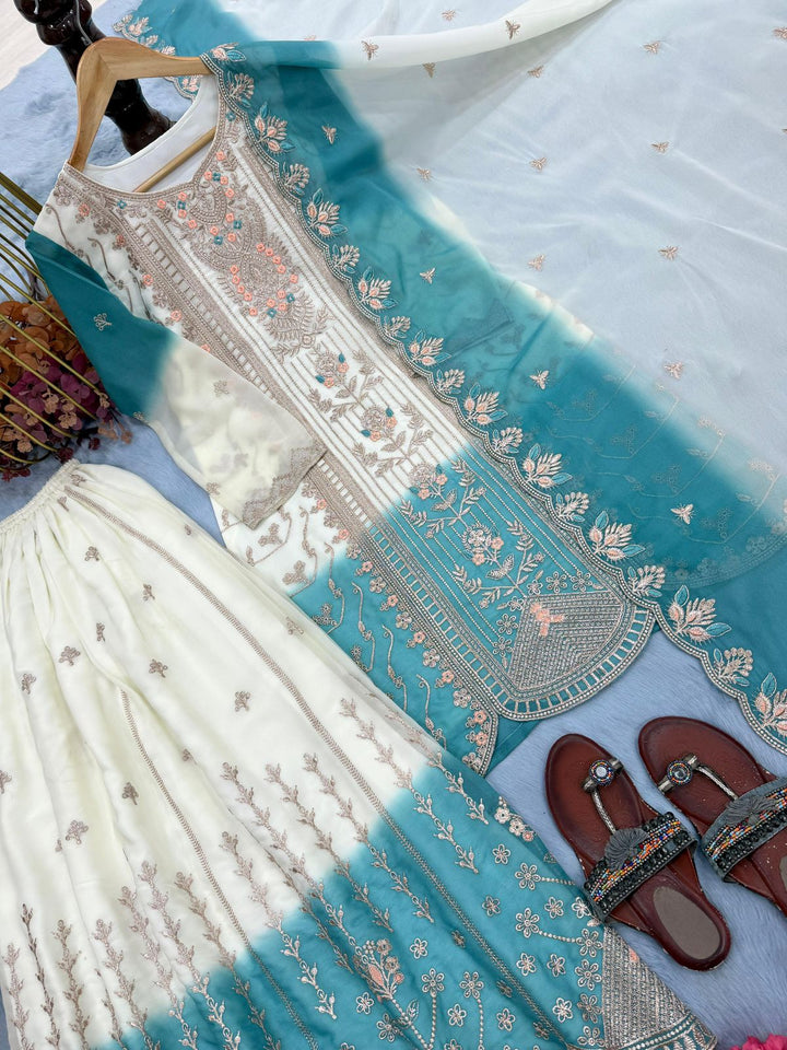 Pure Heavy Dual Tone Star Georgette Top Palazzo & Dupatta Set