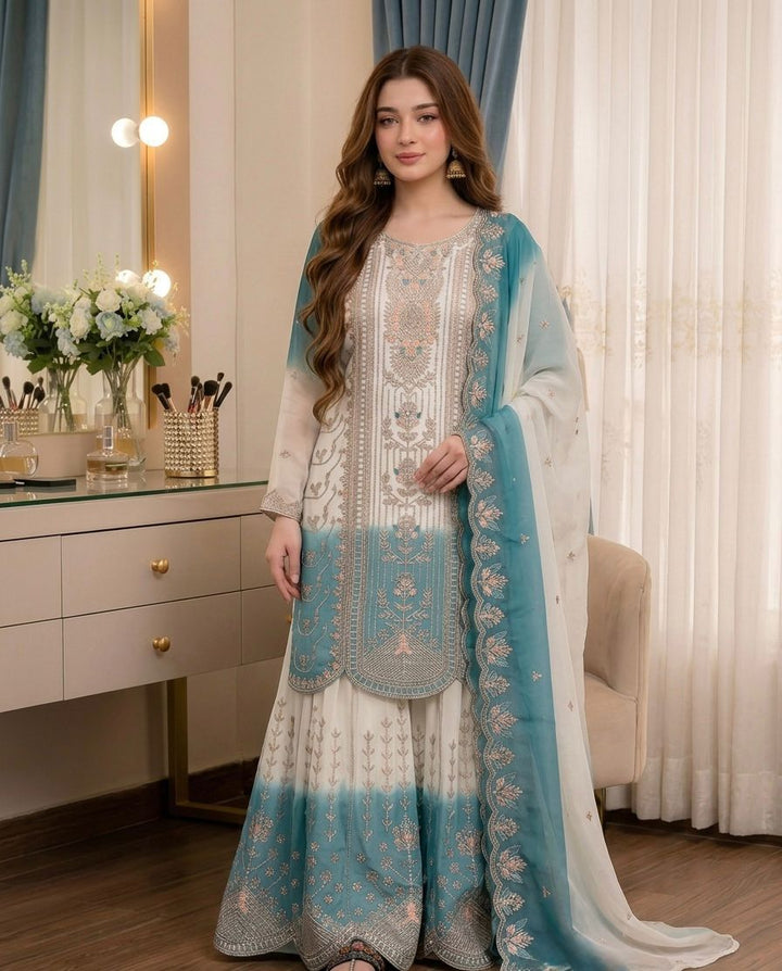 Pure Heavy Dual Tone Star Georgette Top Palazzo & Dupatta Set
