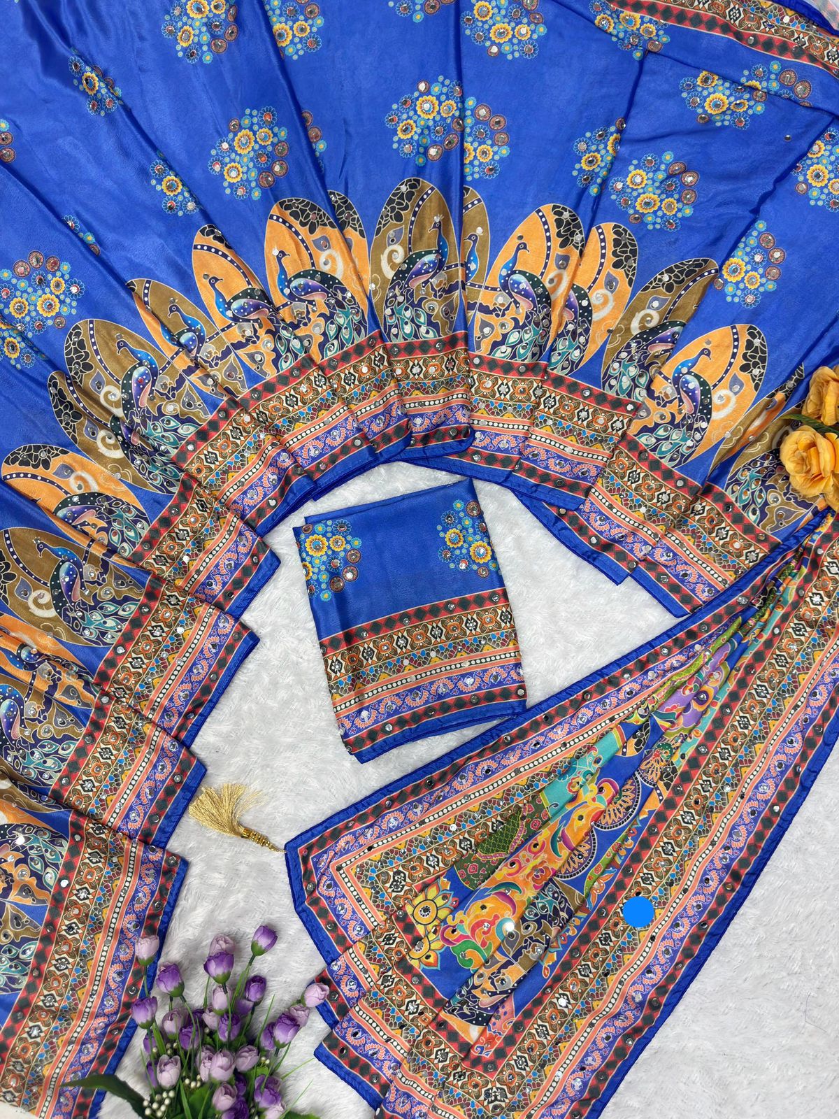 Designer Chinon Silk Saree with Piping Border, Latkan Tassels & Authentic Mirror Work