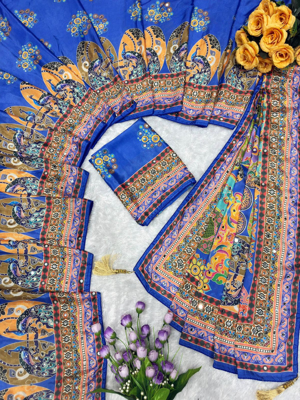 Designer Chinon Silk Saree with Piping Border, Latkan Tassels & Authentic Mirror Work