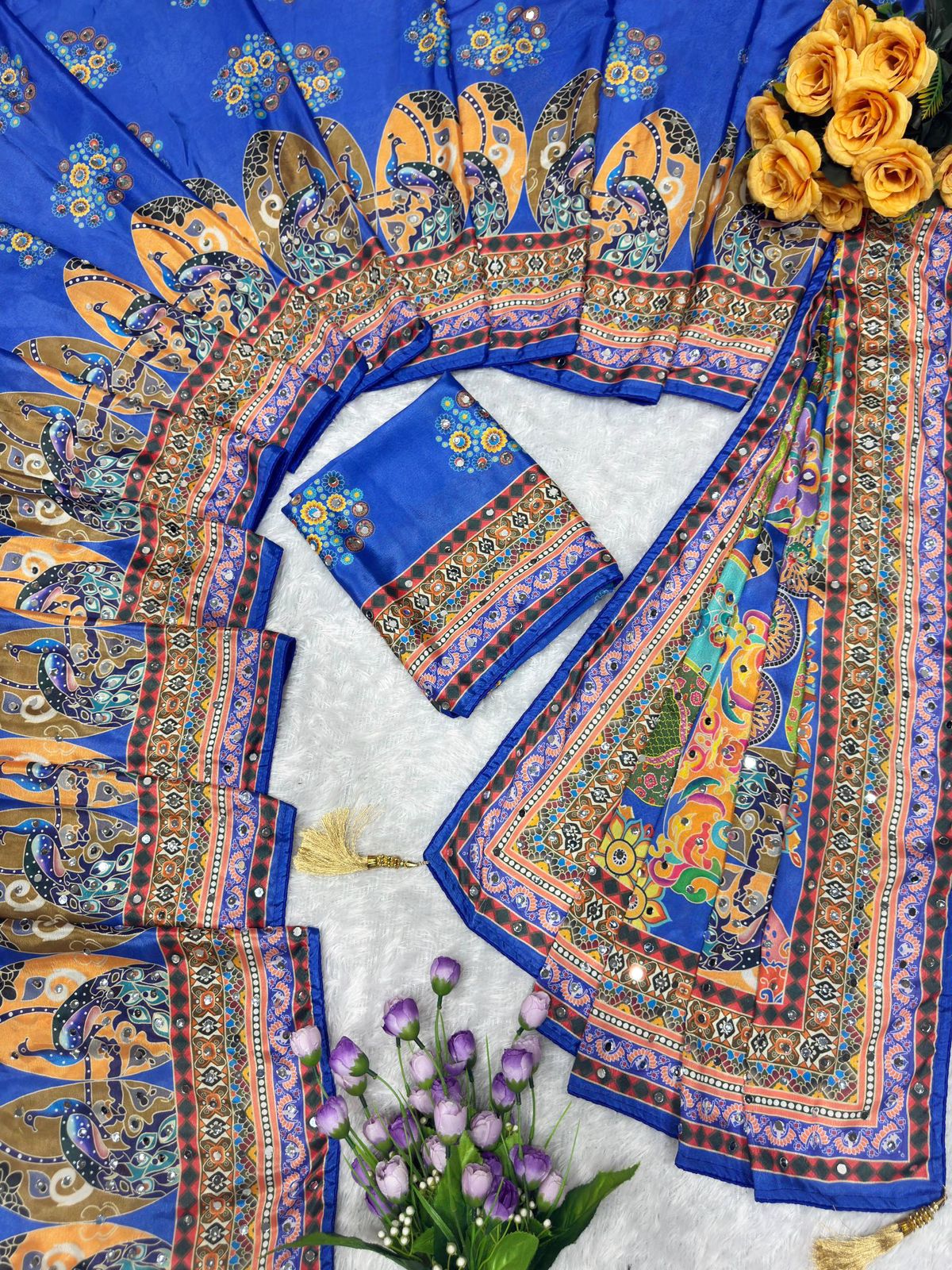Designer Chinon Silk Saree with Piping Border, Latkan Tassels & Authentic Mirror Work