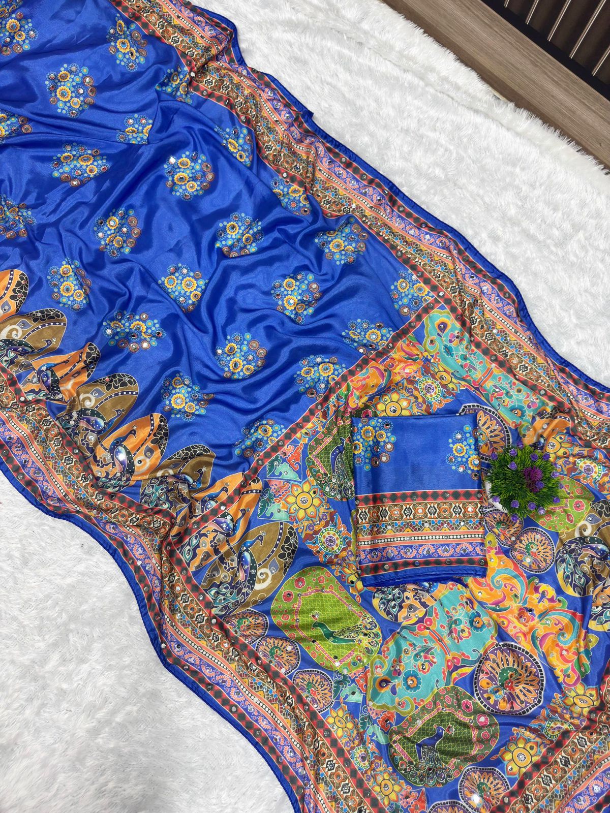 Designer Chinon Silk Saree with Piping Border, Latkan Tassels & Authentic Mirror Work