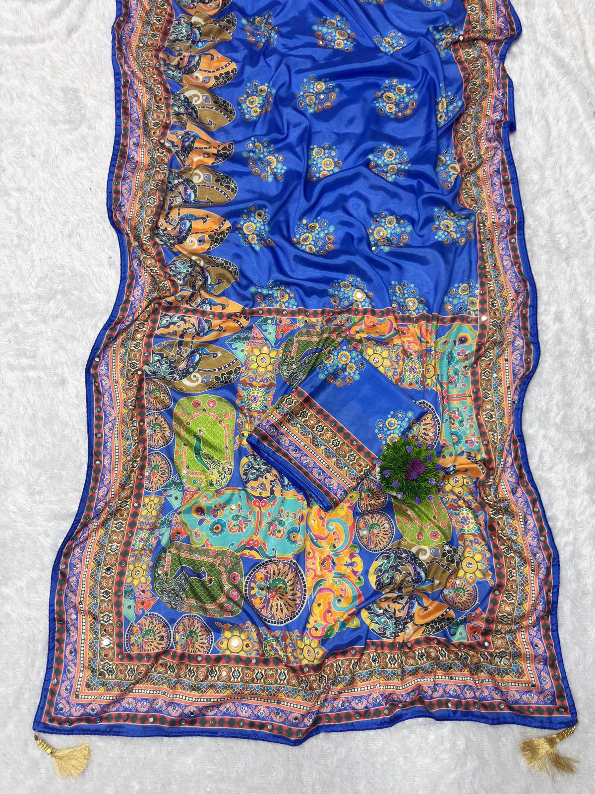 Designer Chinon Silk Saree with Piping Border, Latkan Tassels & Authentic Mirror Work