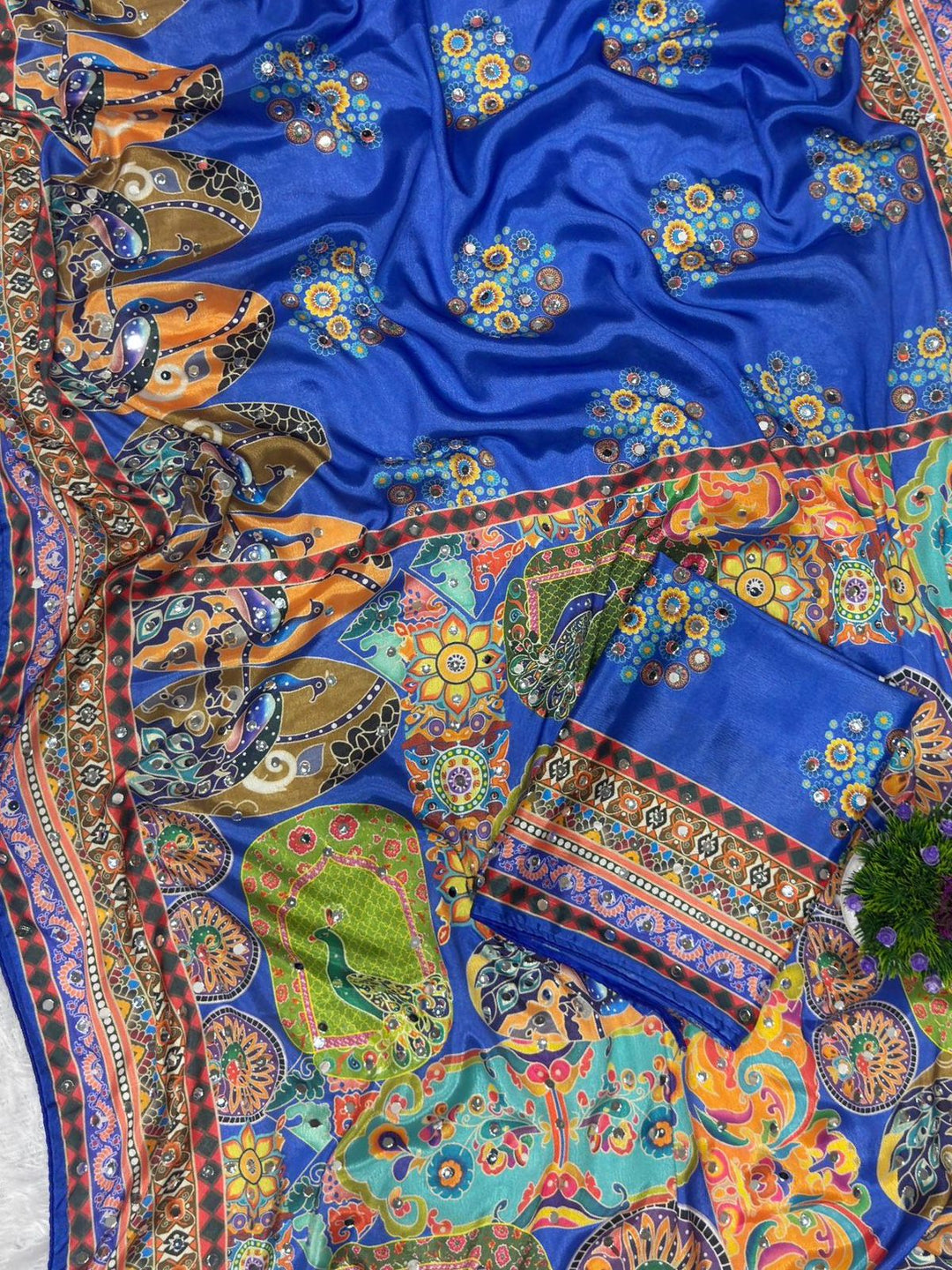 Designer Chinon Silk Saree with Piping Border, Latkan Tassels & Authentic Mirror Work