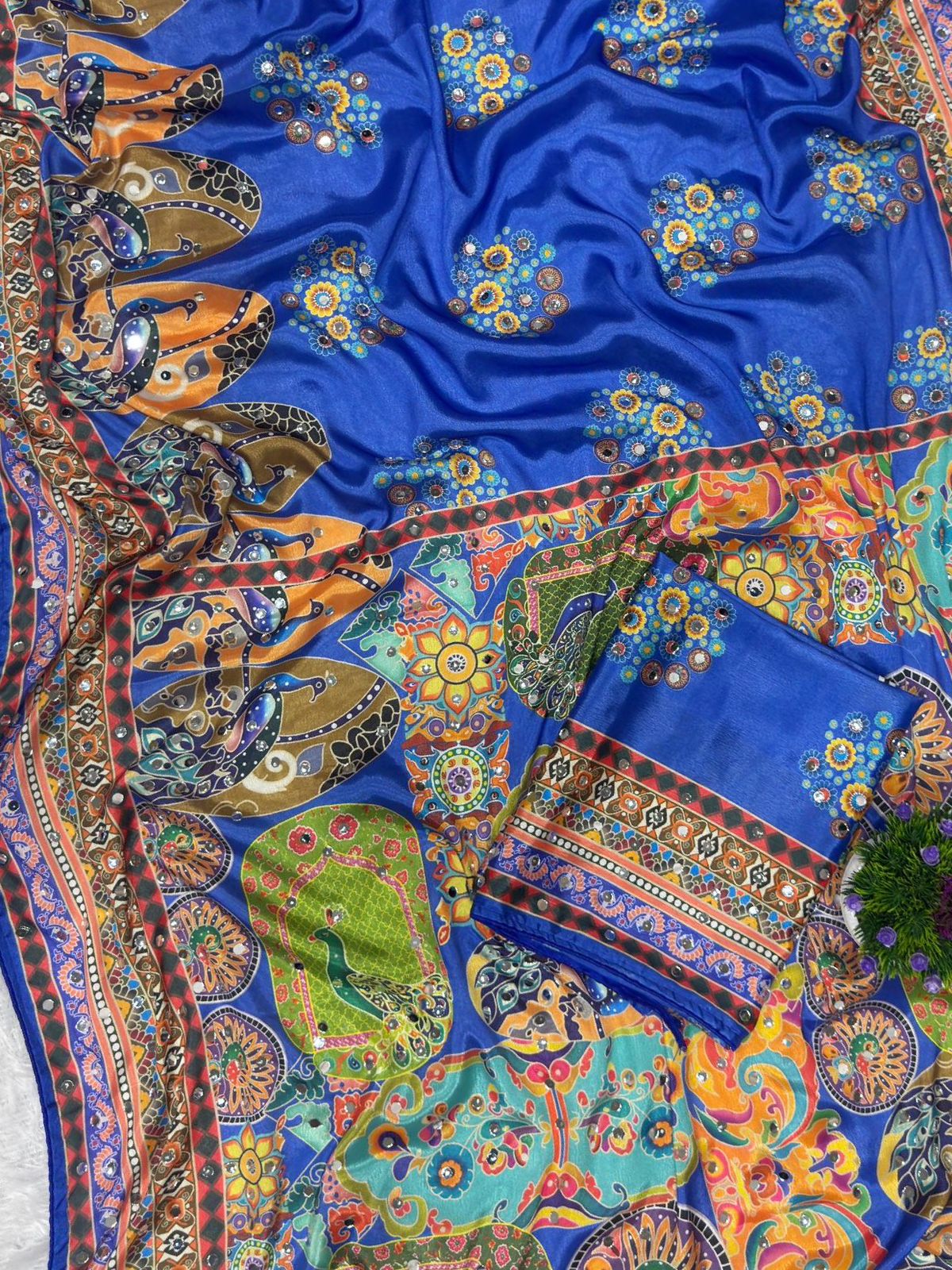 Designer Chinon Silk Saree with Piping Border, Latkan Tassels & Authentic Mirror Work