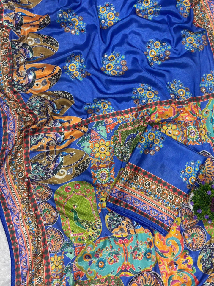 Designer Chinon Silk Saree with Piping Border, Latkan Tassels & Authentic Mirror Work