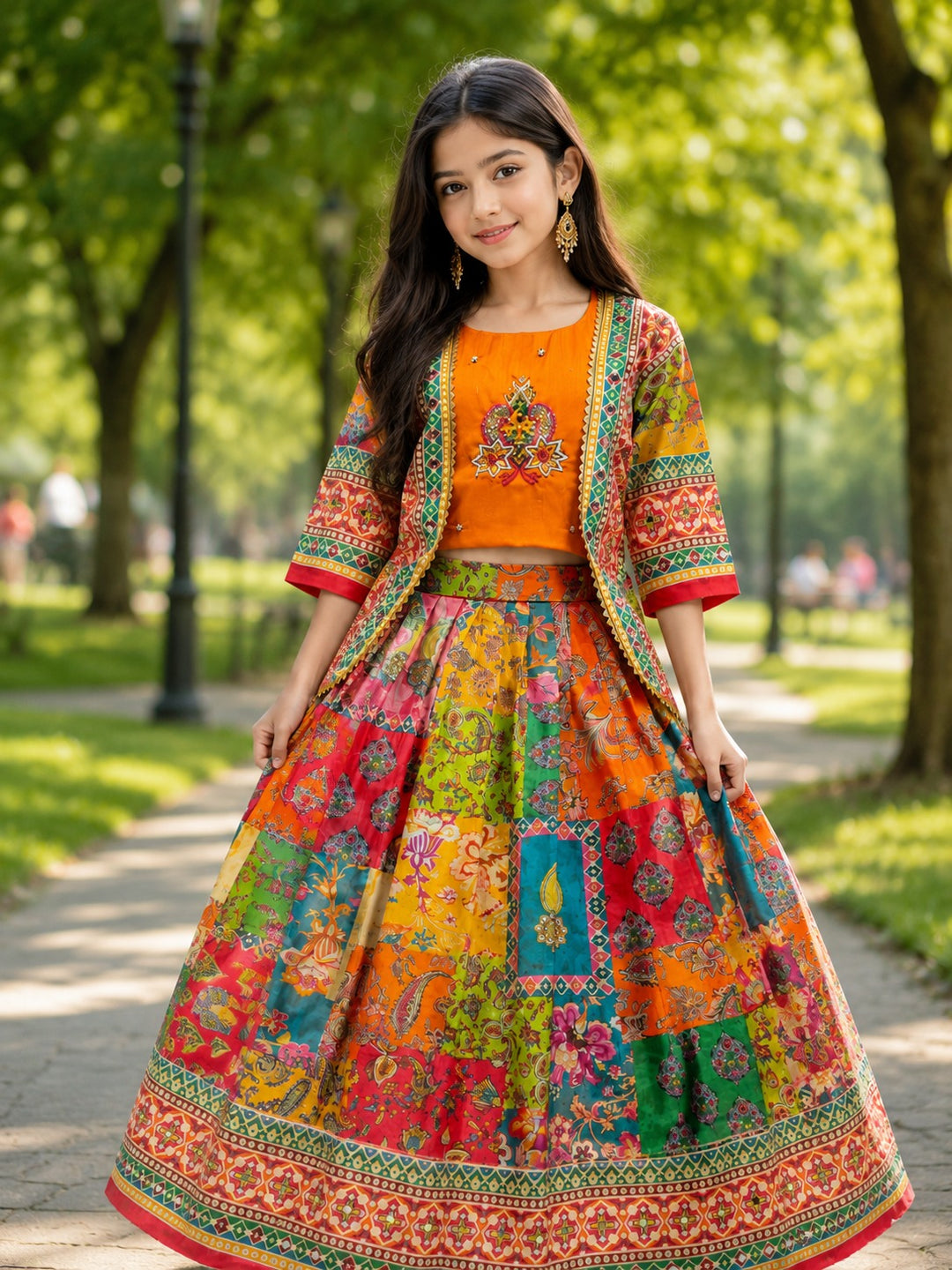 Girls Lehenga Choli Set - Handwork with Digital print Koti & Mirror Work Skirt