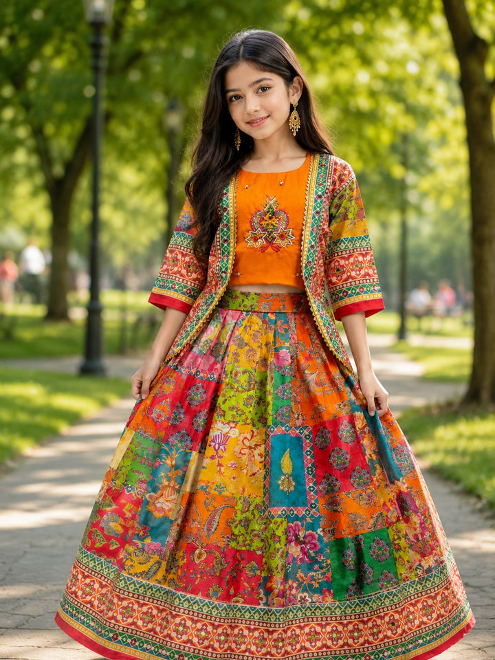 Girls Lehenga Choli Set - Handwork with Digital print Koti & Mirror Work Skirt