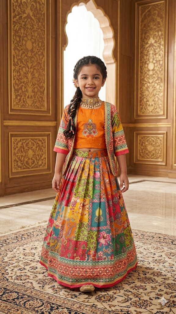 Girls Lehenga Choli Set - Handwork with Digital print Koti & Mirror Work Skirt