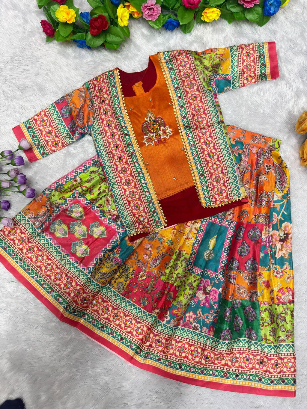 Girls Lehenga Choli Set - Handwork with Digital print Koti & Mirror Work Skirt