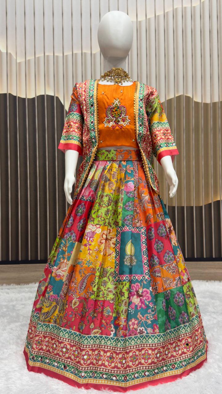 Girls Lehenga Choli Set - Handwork with Digital print Koti & Mirror Work Skirt