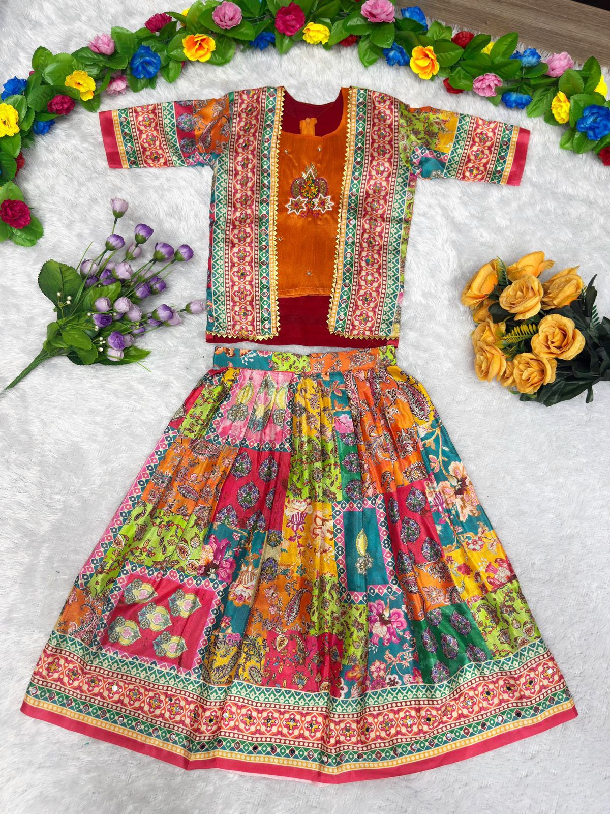 Girls Lehenga Choli Set - Handwork with Digital print Koti & Mirror Work Skirt