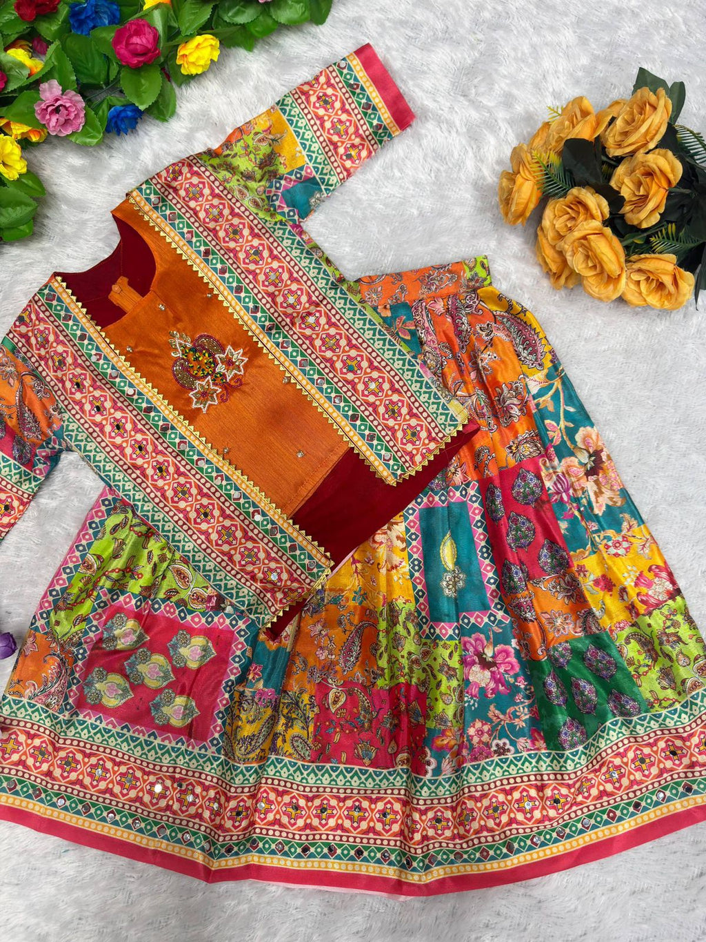 Girls Lehenga Choli Set - Handwork with Digital print Koti & Mirror Work Skirt
