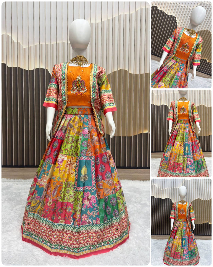 Girls Lehenga Choli Set - Handwork with Digital print Koti & Mirror Work Skirt