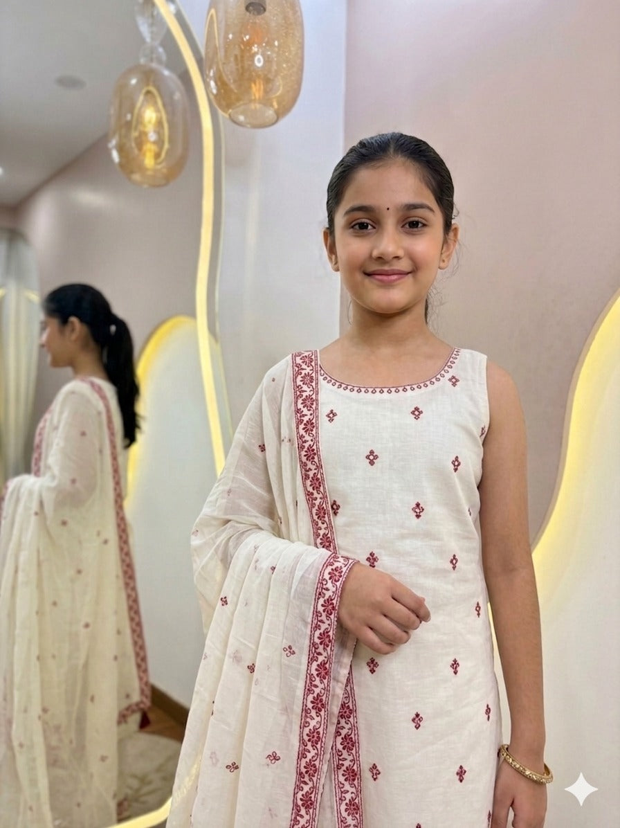 Kid's Girl Wear Sleeveless Kurti, Pant & Dupatta Set