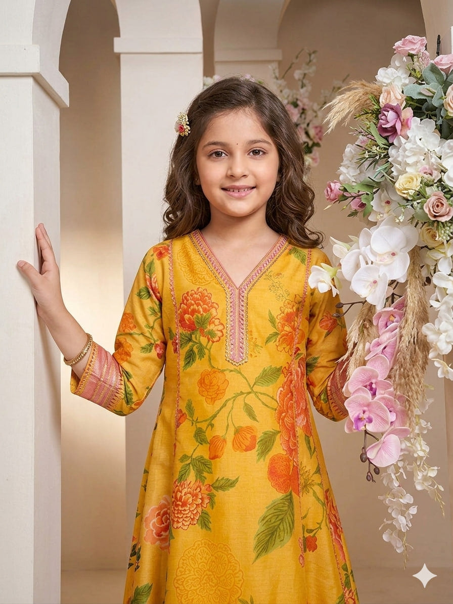 Astraloom Kids girl yellow printed, Neck Embroidery Work lace, 3 Pics Kurta & Pant With Dupatta