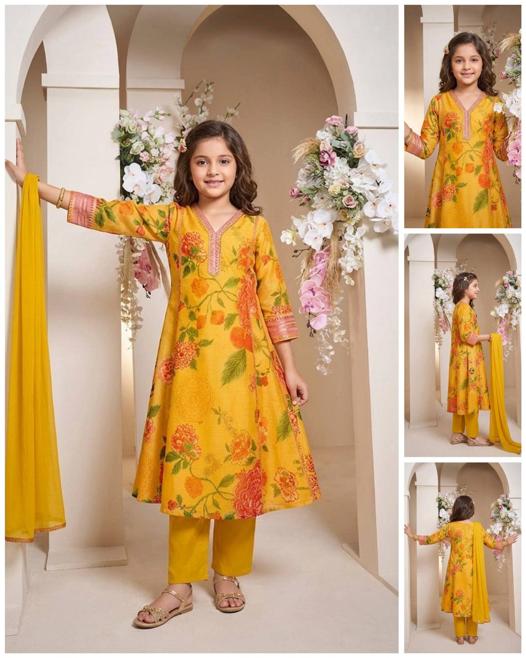 Astraloom Kids girl yellow printed, Neck Embroidery Work lace, 3 Pics Kurta & Pant With Dupatta
