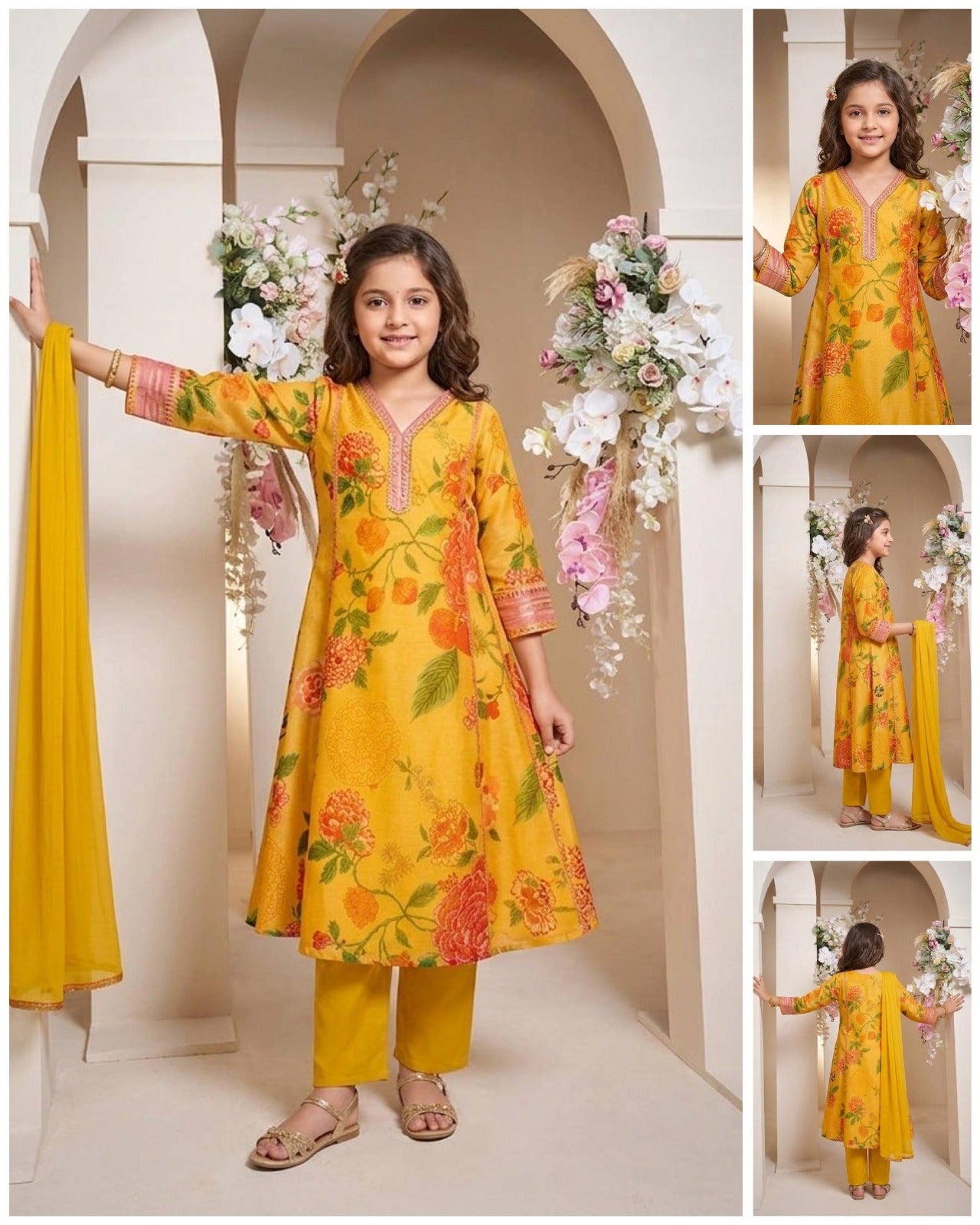 Astraloom Kids girl yellow printed, Neck Embroidery Work lace, 3 Pics Kurta & Pant With Dupatta