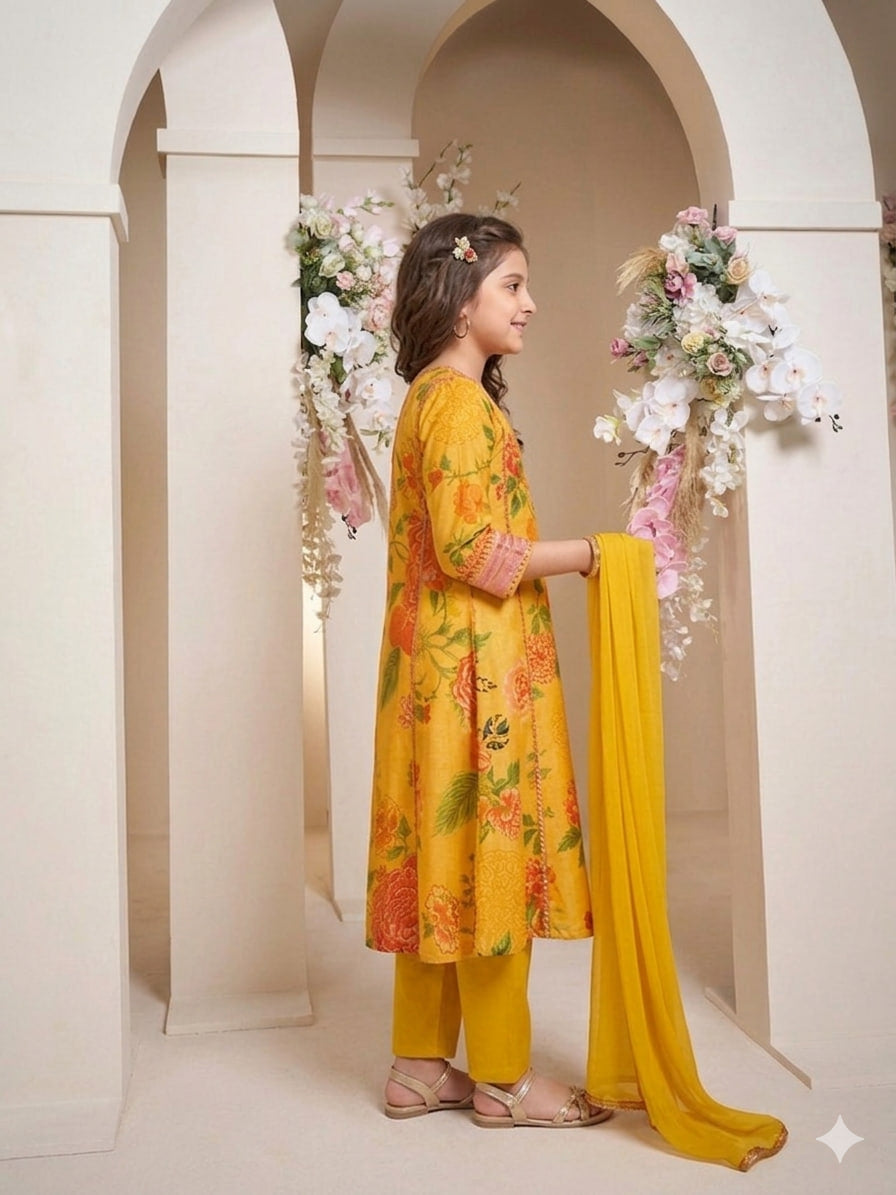 Astraloom Kids girl yellow printed, Neck Embroidery Work lace, 3 Pics Kurta & Pant With Dupatta
