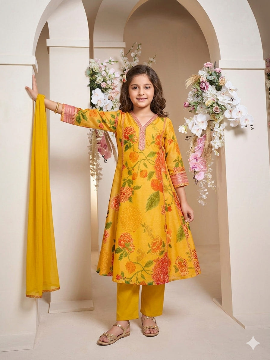 Astraloom Kids girl yellow printed, Neck Embroidery Work lace, 3 Pics Kurta & Pant With Dupatta