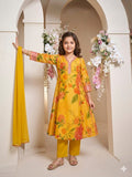 Astraloom Kids girl yellow printed, Neck Embroidery Work lace, 3 Pics Kurta & Pant With Dupatta