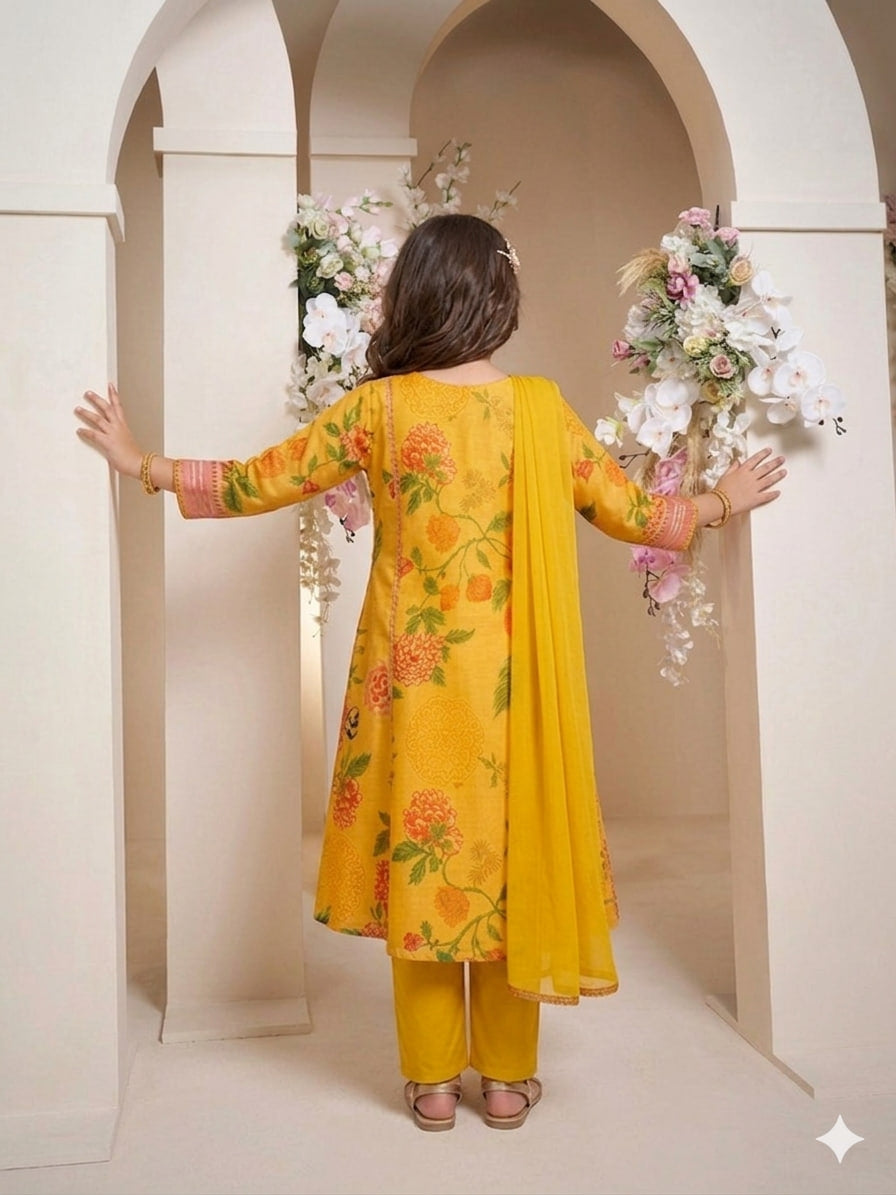 Astraloom Kids girl yellow printed, Neck Embroidery Work lace, 3 Pics Kurta & Pant With Dupatta