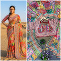 Beautiful Digital printed work & Real mirror work Party Wear Saree