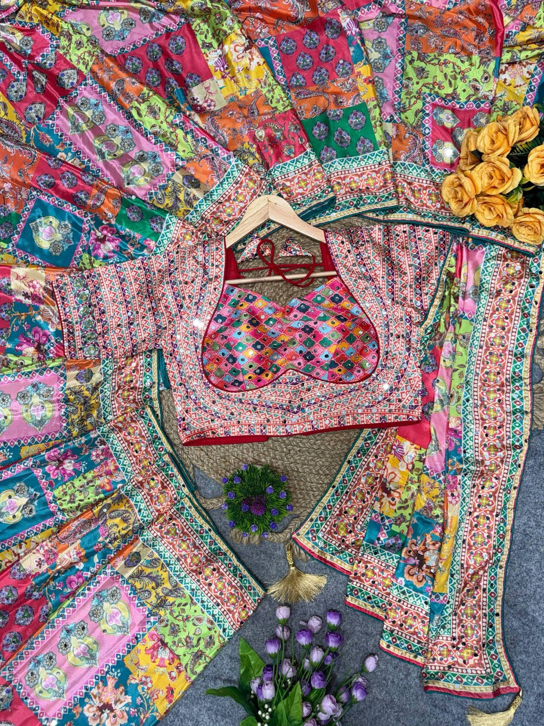 Beautiful Digital printed work & Real mirror work Party Wear Saree